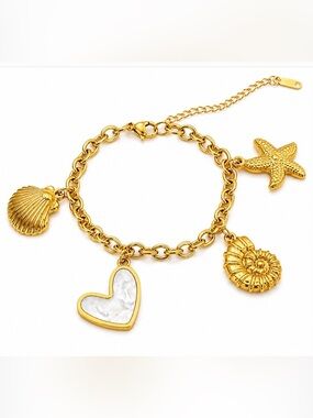 18K Gold Plated Stainless Steel Coastal Charm Bracelet Shell Starfish Heart NEW